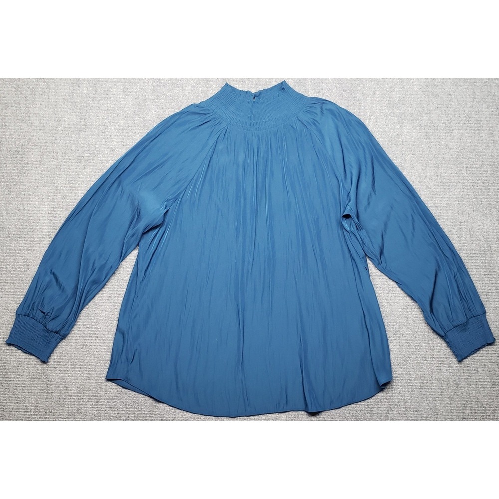 Chicos Blouse Womens 3 Blue Mock Neck Smocked Long Sleeve Pullover Top New